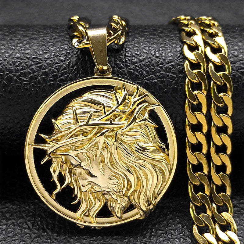 Jesus Crown of Thorns Necklace – Gold Stainless Steel Crucifix Chain Jewelry