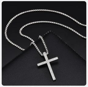 Bling Zircon Cross Pendant Necklace with Box Chain, Unisex Silver Color Simple Christ Cross Collar for Men Women