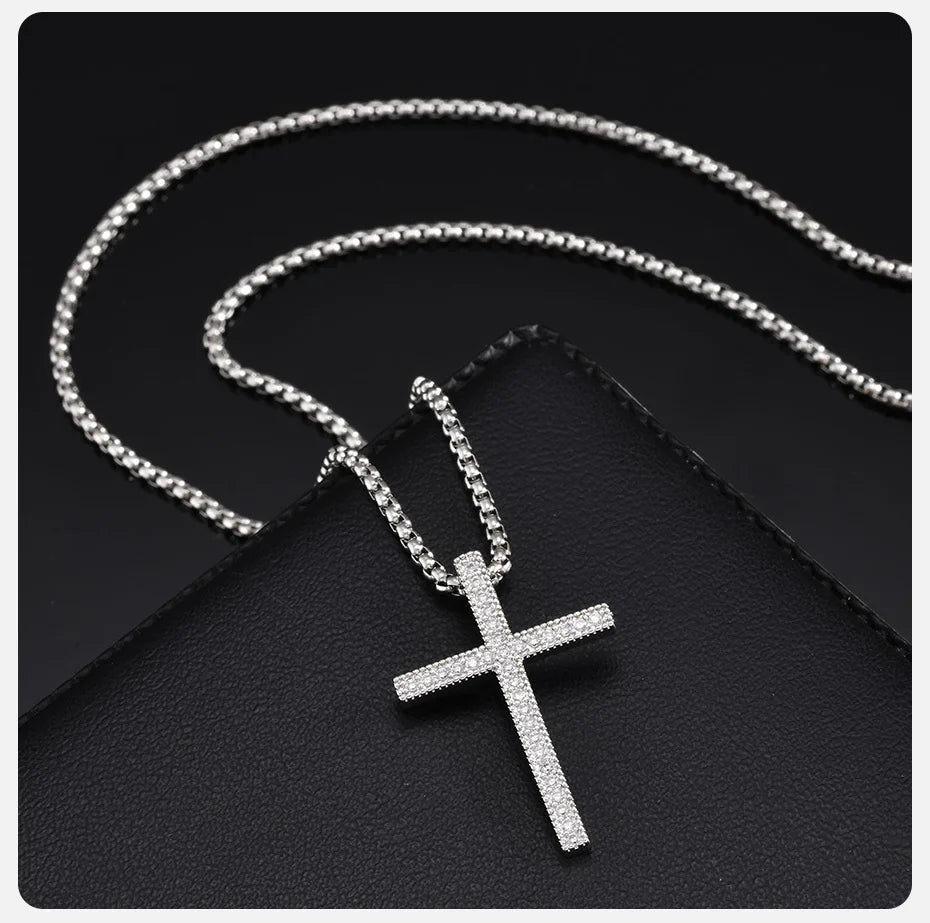 Bling Zircon Cross Pendant Necklace with Box Chain, Unisex Silver Color Simple Christ Cross Collar for Men Women