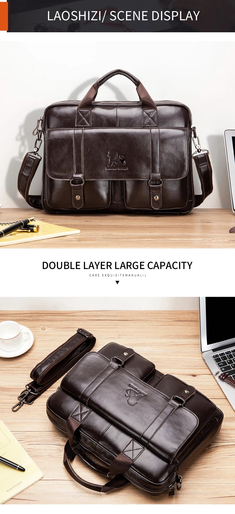 Genuine leather Unisex briefcase with double front pockets, large capacity computer bag, diagonal cross handbag  - Free Shipping to Europe