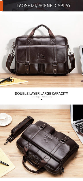 Genuine leather Unisex briefcase with double front pockets, large capacity computer bag, diagonal cross handbag  - Free Shipping to Europe