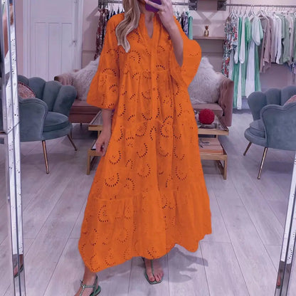 XXS-3XL Loose Fit Hollow Out Kjole til Kvinder Sommer Elegant Vintage Solid Broderi Casual V-hals Flare Sleeve Maxikjoler