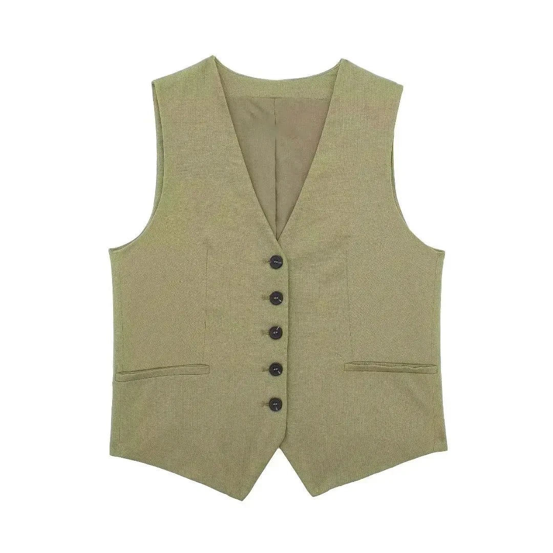 Women’s Linen Vest Shorts Set – V Neck Chic Summer Casual  Office Outfit