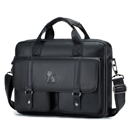 Genuine leather Unisex briefcase with double front pockets, large capacity computer bag, diagonal cross handbag  - Free Shipping to Europe