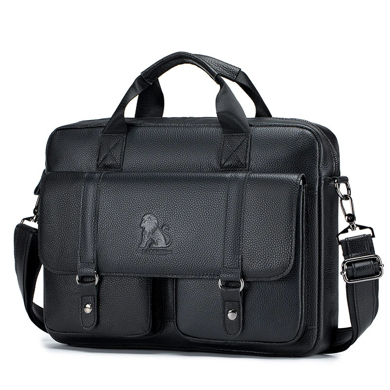 Genuine leather Unisex briefcase with double front pockets, large capacity computer bag, diagonal cross handbag  - Free Shipping to Europe