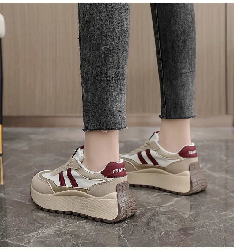 Tênis plataforma feminino primavera/verão – Sapatos casuais de couro patchwork vulcanizado