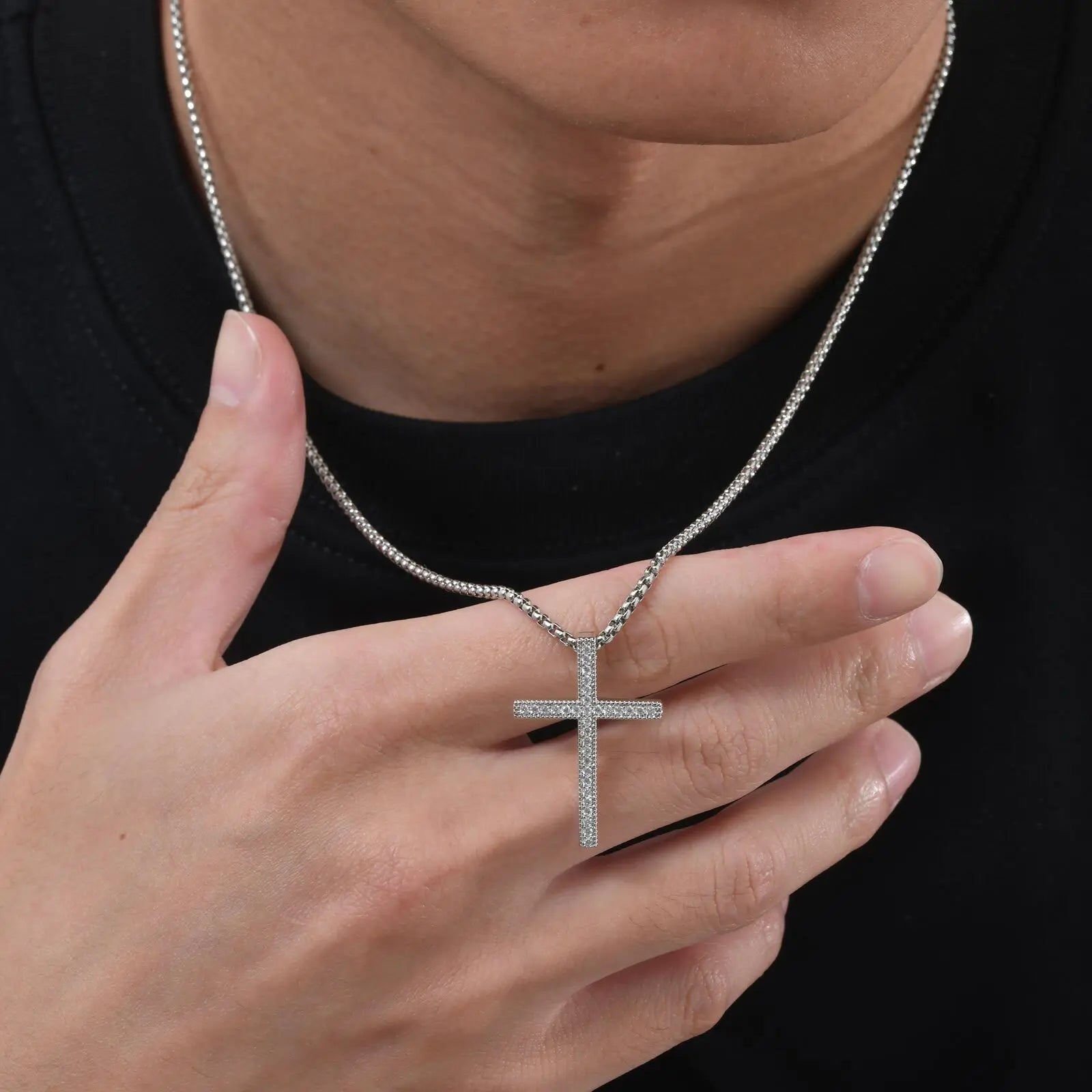 Bling Zircon Cross Pendant Necklace with Box Chain, Unisex Silver Color Simple Christ Cross Collar for Men Women