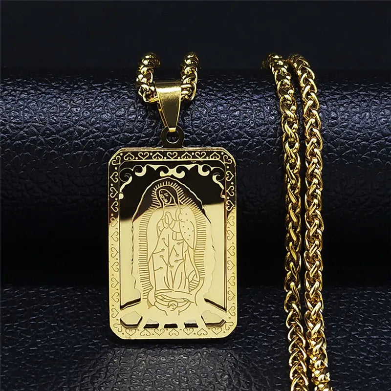 Katholische Jungfrau Maria Medaille Unsere Lieben Frau von Guadalupe Anhänger Halskette Unisex Gold Farbe Edelstahl