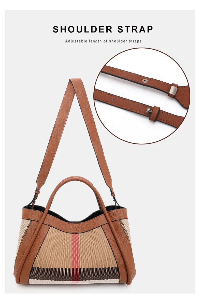 Canvas & Cowhide Leather BB Handbag – Luxury Retro Checkered Tote for Women | Large Capacity & Timeless Style