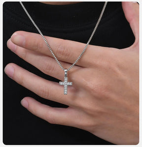 Bling Zircon Cross Pendant Necklace with Box Chain, Unisex Silver Color Simple Christ Cross Collar for Men Women