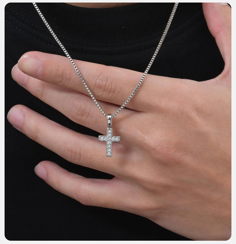 Bling Zircon Cross Pendant Necklace with Box Chain, Unisex Silver Color Simple Christ Cross Collar for Men Women