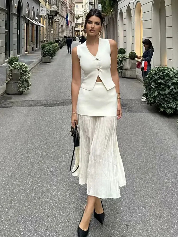 Kvinders strikket nederdelsæt – V-hals ærmeløs smal vest & Patchwork Løs nederdel | Casual & High Street Fashion
