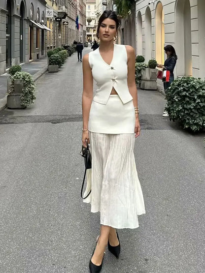 Kvinders strikket nederdelsæt – V-hals ærmeløs smal vest & Patchwork Løs nederdel | Casual & High Street Fashion