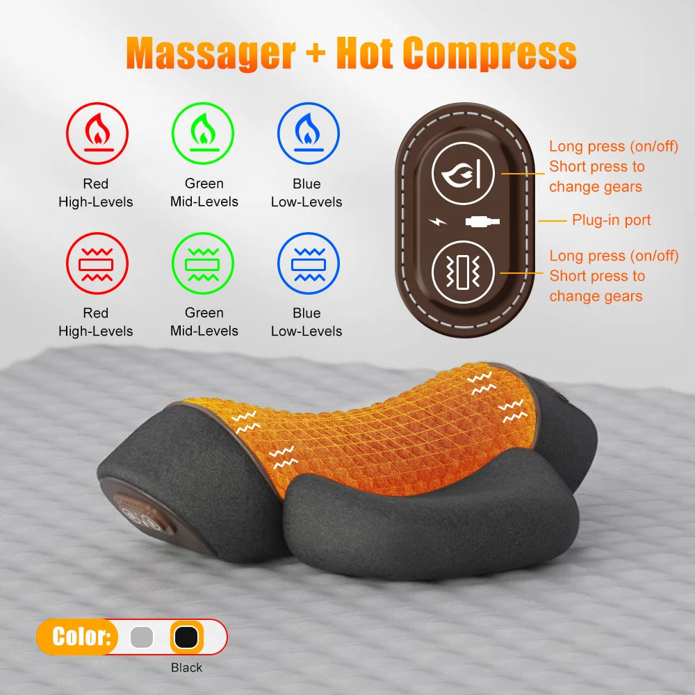 Travesseiro massageador elétrico de pescoço, compressa quente, massagem vibratória, travesseiro relaxante, suporte para coluna, travesseiro massageador