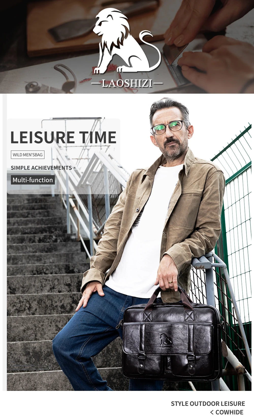 Genuine leather Unisex briefcase with double front pockets, large capacity computer bag, diagonal cross handbag  - Free Shipping to Europe