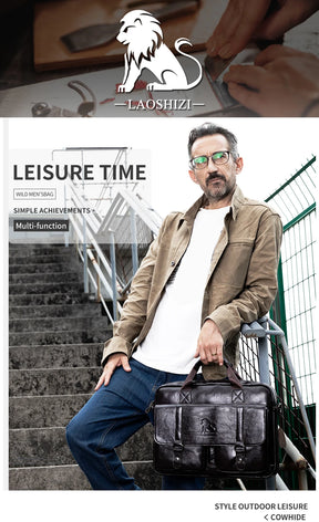 Genuine leather Unisex briefcase with double front pockets, large capacity computer bag, diagonal cross handbag  - Free Shipping to Europe