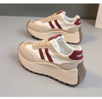 Tênis plataforma feminino primavera/verão – Sapatos casuais de couro patchwork vulcanizado