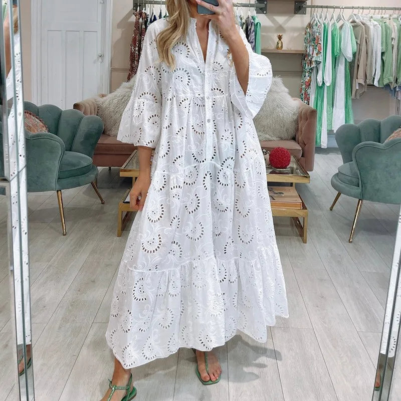 XXS-3XL Loose Fit Hollow Out Kjole til Kvinder Sommer Elegant Vintage Solid Broderi Casual V-hals Flare Sleeve Maxikjoler