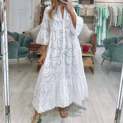 XXS-3XL Loose Fit Hollow Out Kjole til Kvinder Sommer Elegant Vintage Solid Broderi Casual V-hals Flare Sleeve Maxikjoler