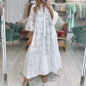 Xxs-3xl abito vuoto in forma sciolta per donne estate eleganti ricami vintage solidi abbracci casual manica di bagliori a v-collo