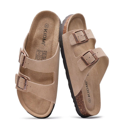 Klassiska unisex korksandaler rutschkanor i ko mocka med valvstöd Anti-halk unisex tofflor med justerbart spänne