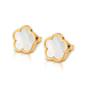 Fleur de coque blanche verte élégante de luxe - Boucles de trèfle à quatre feuilles Boucles Bracelets en acier inoxydable étanche en acier inoxydable pour femmes