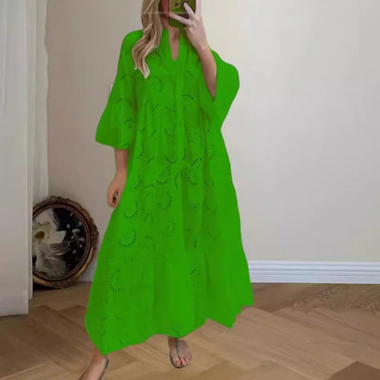 XXS-3XL Loose Fit Hollow Out Kjole til Kvinder Sommer Elegant Vintage Solid Broderi Casual V-hals Flare Sleeve Maxikjoler