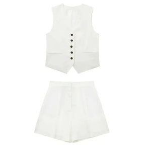 Women’s Linen Vest Shorts Set – V Neck Chic Summer Casual  Office Outfit