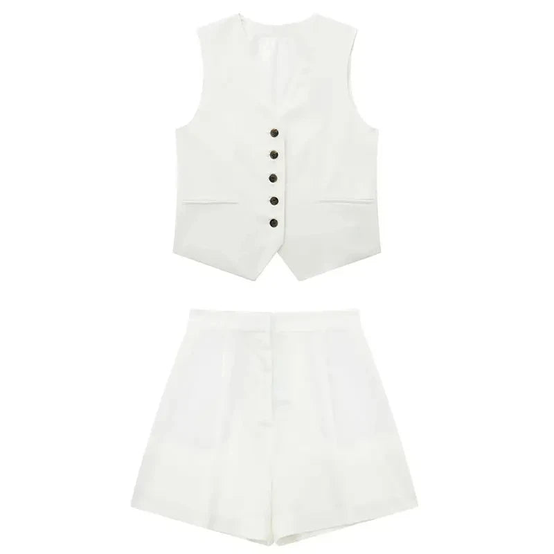 Women’s Linen Vest Shorts Set – V Neck Chic Summer Casual  Office Outfit