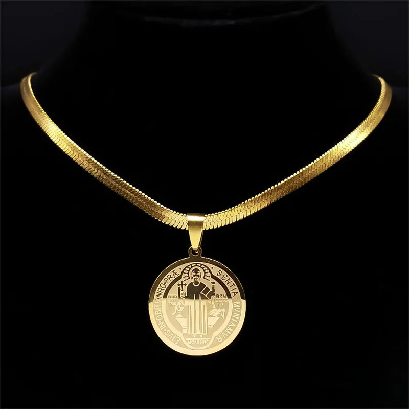 Saint Benedict Medallion Pendant Necklace -Unisex- Stainless Steel Snake Chain - Jewelry