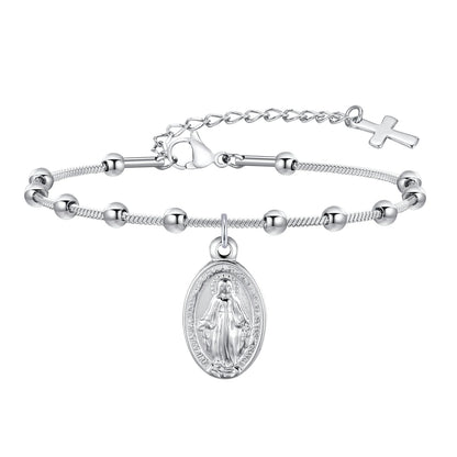 Pulseira feminina de rosário de aço inoxidável banhado a ouro - pulseira da Virgem Maria com cruz