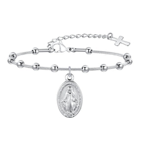 Brazalete de rosario de acero inoxidable de placa de oro para mujeres-Virgen María Pulsera de oración religiosa con cruz
