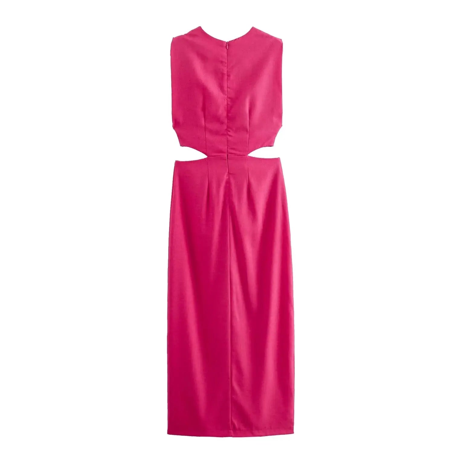 Elegant Women’s Waist Cutout Dress – O-neck, Sleeveless, Slim Fit, Split Skirt