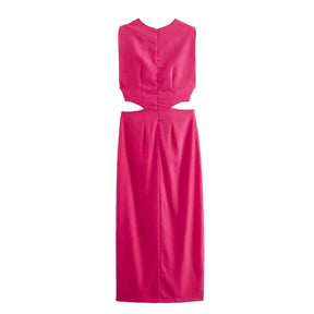 Elegant Women’s Waist Cutout Dress – O-neck, Sleeveless, Slim Fit, Split Skirt