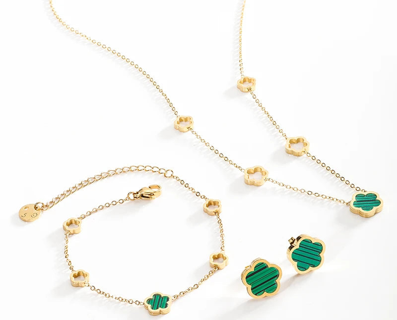 Luxe élégant vert blanc coquille fleur - trèfle à quatre feuilles boucles d'oreilles collier bracelets étanche en acier inoxydable ensembles de bijoux pour les femmes