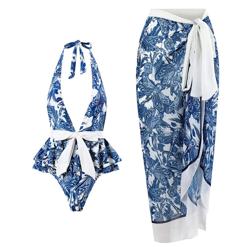 Novo conjunto de biquíni push up – estampa floral, babados, trajes de banho brasileiros com tiras