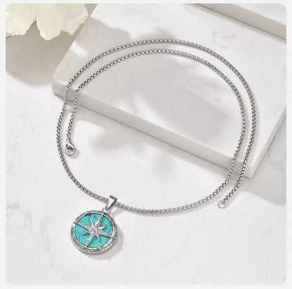 Collana con pendente turchese a otto stelle in acciaio inossidabile ‌, ipoallergenico