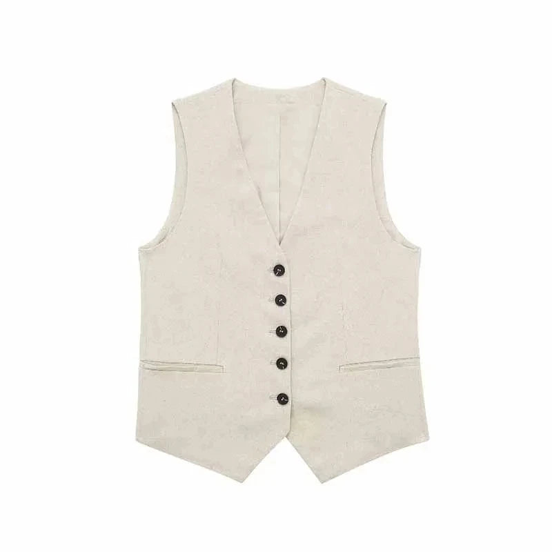 Women’s Linen Vest Shorts Set – V Neck Chic Summer Casual  Office Outfit