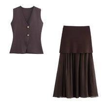 Women’s Knitted Skirt Set – V-neck Sleeveless Slim Vest & Patchwork Loose Skirt | Casual & High Street Fashion