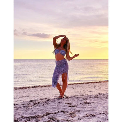Baddräkter Sommar Kvinna Strand Paisley Print Ring Länkad Halter Bikini Set Med Strandkjol Damkläder Badkläder