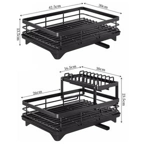 Adjustable Dish Drying Rack & Drainboard Organizer for Kitchen Plates, Over Sink Countertop, Cutlery Storage with Drain Rac