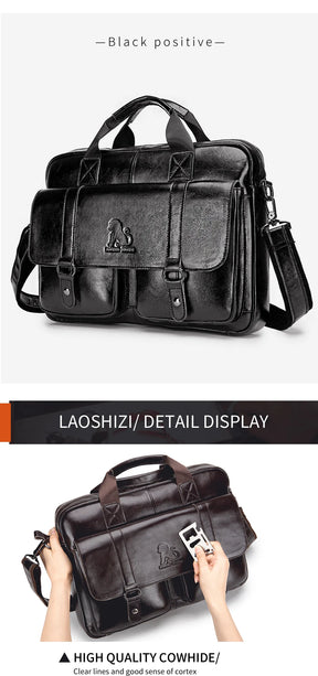 Genuine leather Unisex briefcase with double front pockets, large capacity computer bag, diagonal cross handbag  - Free Shipping to Europe