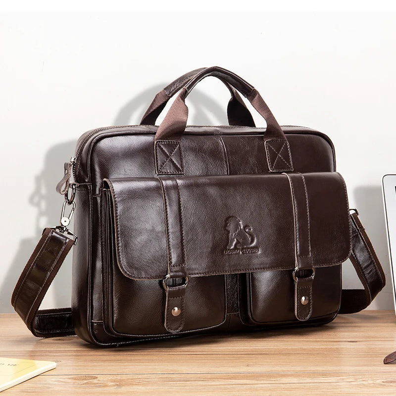 Genuine leather Unisex briefcase with double front pockets, large capacity computer bag, diagonal cross handbag  - Free Shipping to Europe