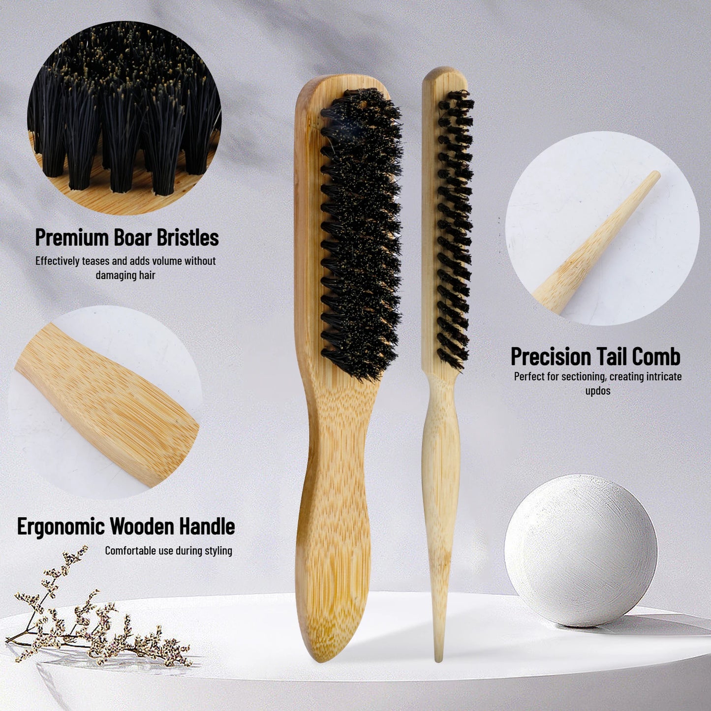 Spazzola per capelli con setole premium da 2 pezzi con manico in bambù riduce l'effetto crespo e la statica - Set di spazzole con setole per massaggio del cuoio capelluto per tutti i tipi di capelli