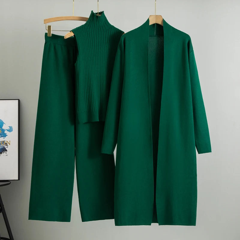 Spring & Autumn 3-Piece Women's Knitwear Set – Vintage-Inspired Lounge Outfit with Cardigan, Top & Pants