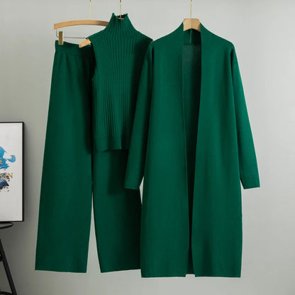 Spring & Autumn 3-Piece Women's Knitwear Set – Vintage-Inspired Lounge Outfit with Cardigan, Top & Pants