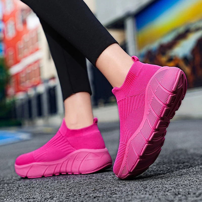 Fashion Platform Sports Shoes High Top Knit Casual Sneakers Lightweight Breathable Slip-on Running Shoes