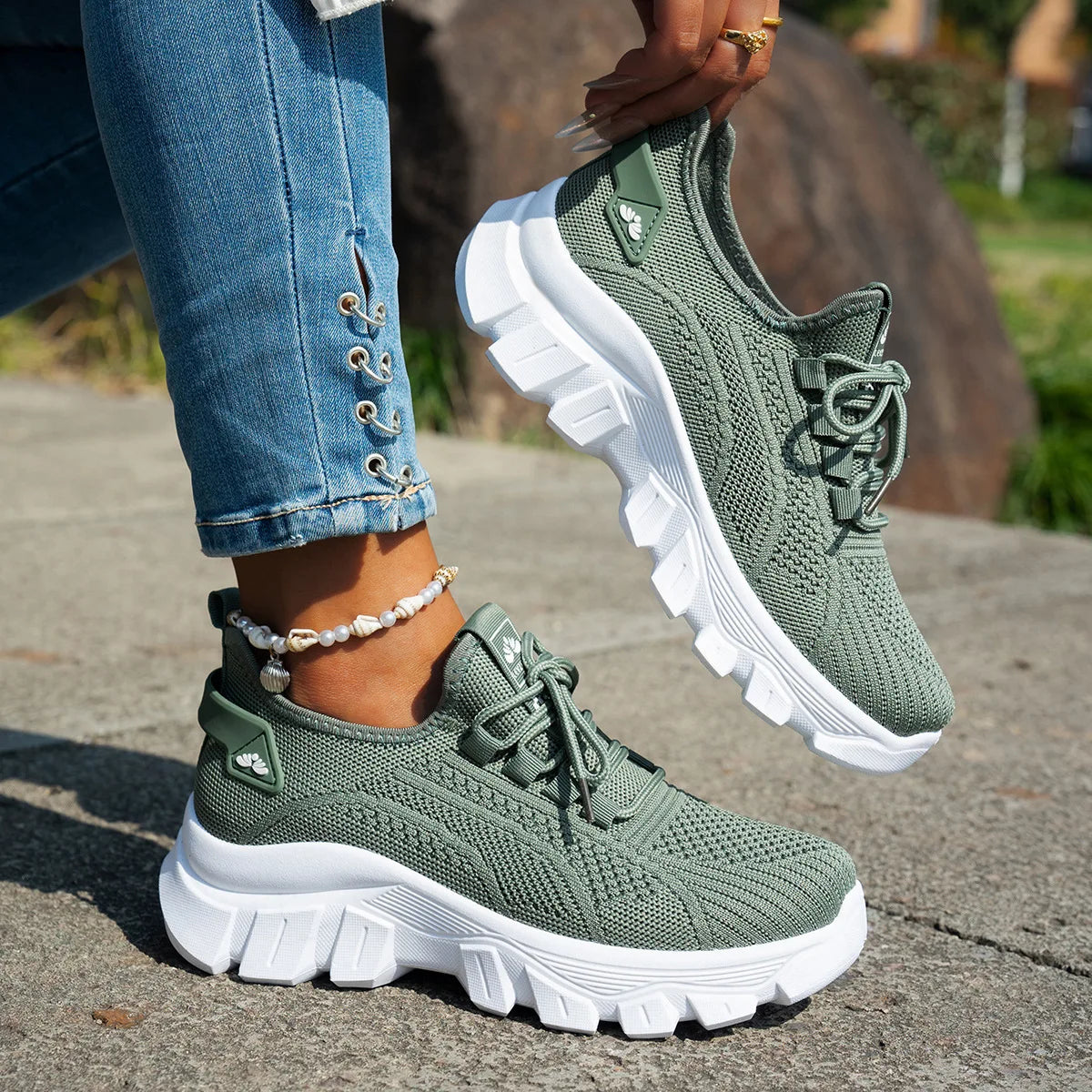 Dames Spring gebreide schoenen Lichtgewicht Ademend Mom Shoes Plus Size Comfort Niet-slip Casual Flat Sole Slip-on