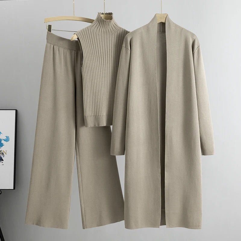 Spring & Autumn 3-Piece Women's Knitwear Set – Vintage-Inspired Lounge Outfit with Cardigan, Top & Pants