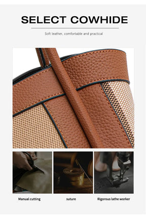 Canvas & Cowhide Leather BB Handbag – Luxury Retro Checkered Tote for Women | Large Capacity & Timeless Style